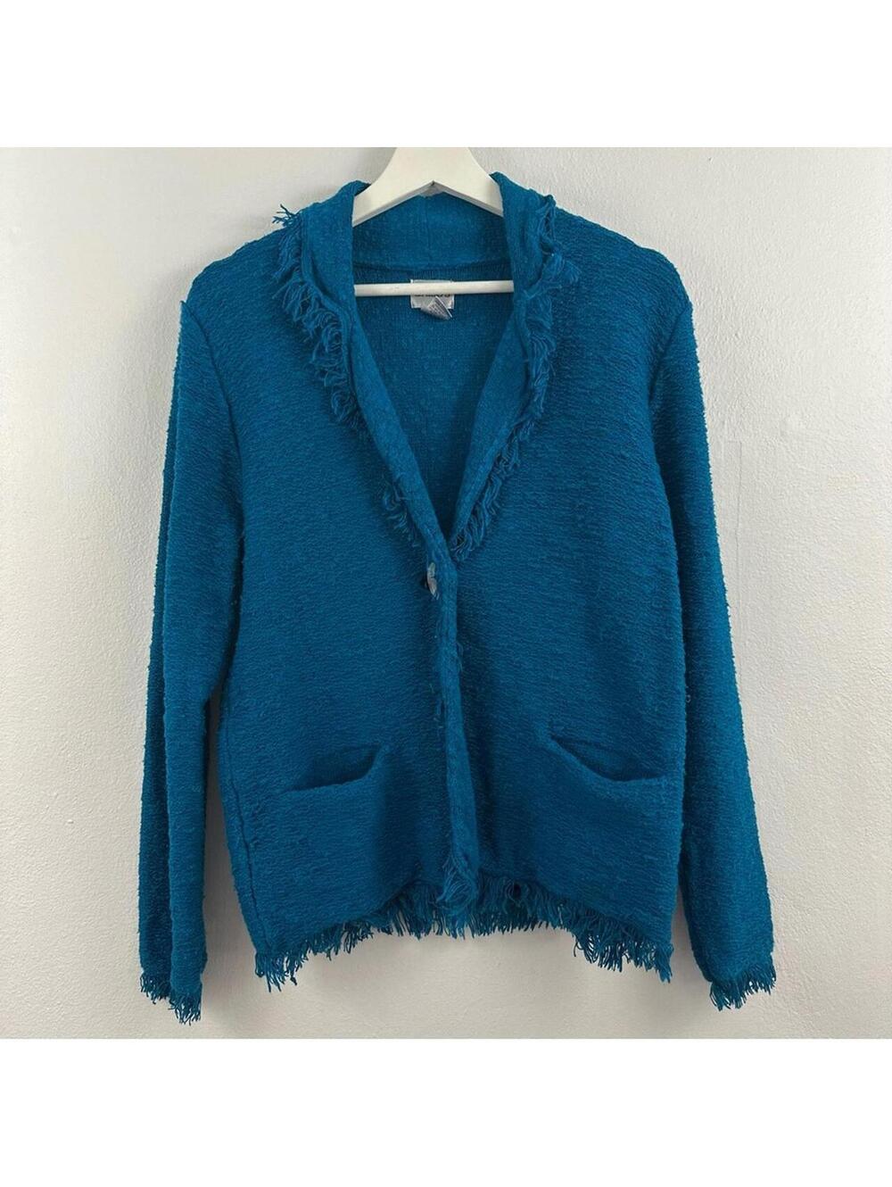 Chico's Women's Turquoise Fringe Trim Button Cardigan Sweater Women's Size 1